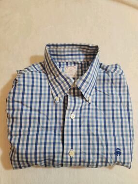 Brooks Brothers 100% Cotton Shirt Mens Small Blue Plaid Long Sleeve Preppy Logo